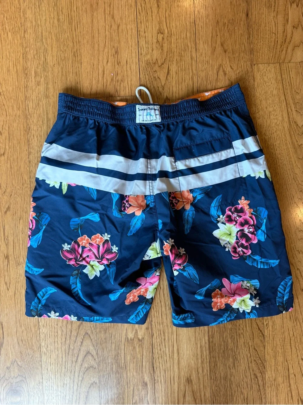 Tommy Bahama Navy Floral Swim Board Shorts with White Stripes